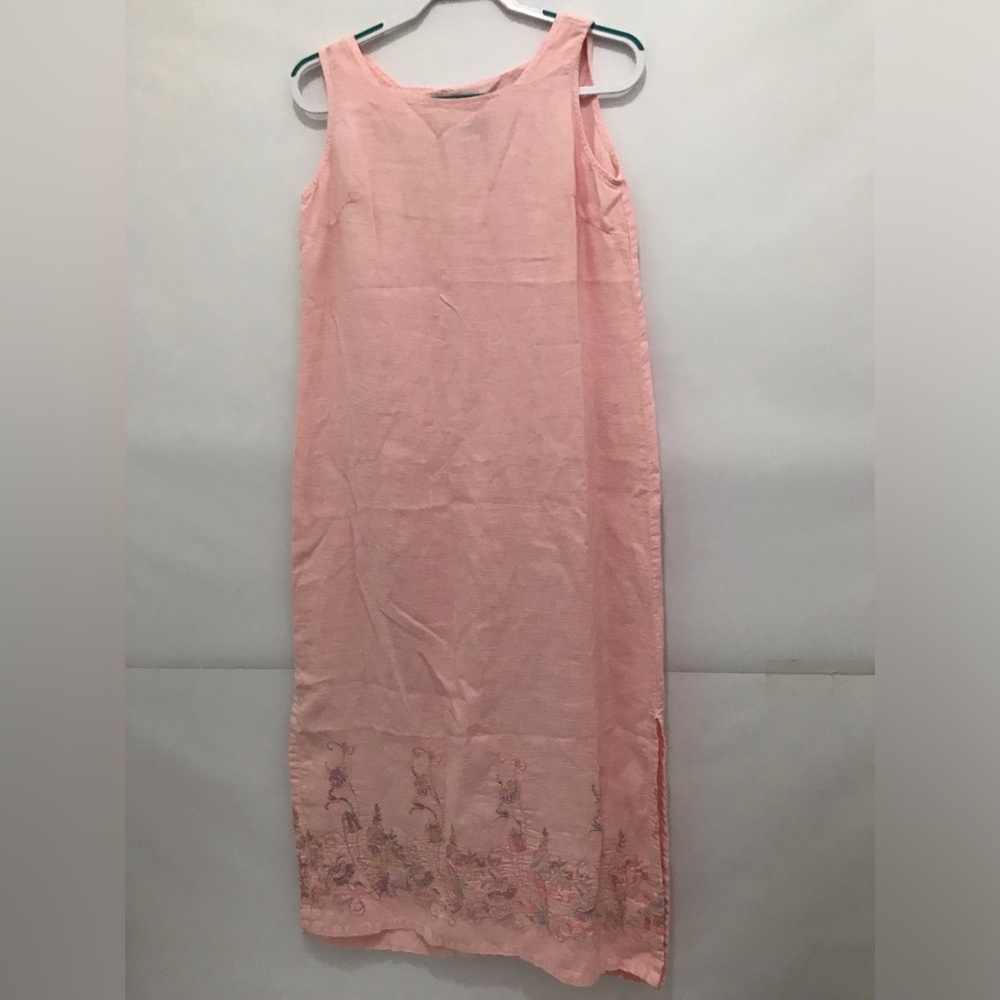 Vintage Ivy Linen Pink Sleeveless Dress with Floral Embroidery Size 6P